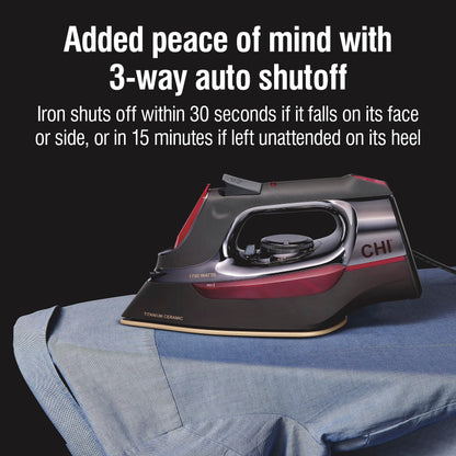 CHI Steam Iron for Clothes with 8’ Retractable Cord, 1700 Watts, 3-Way Auto Shutoff, 400+ Holes, Professional Grade, Temperature Control Dial, Titanium Infused Ceramic Soleplate, Black/Chrome (13109)