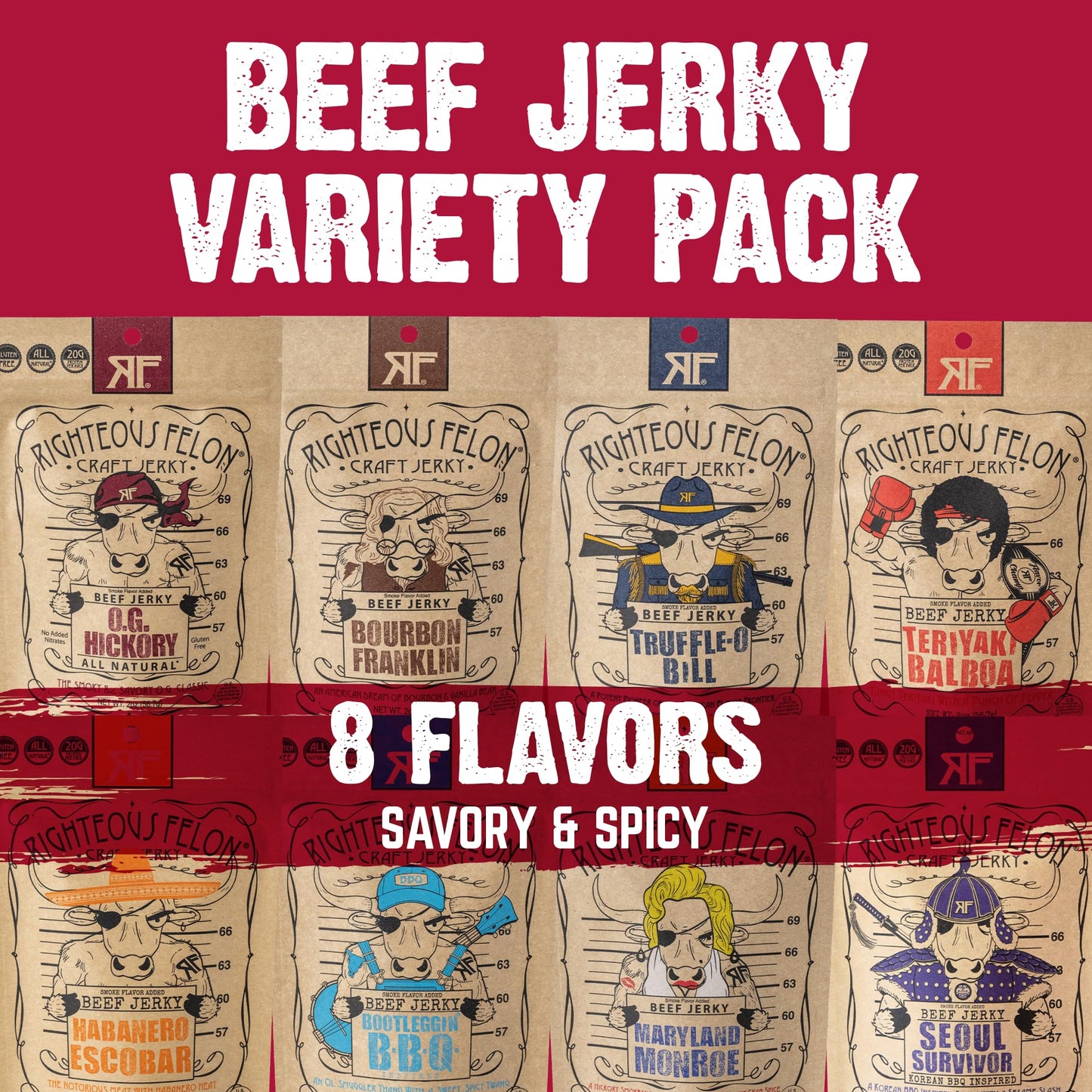Righteous Felon Beef Jerky Variety Pack | Gluten Free Beef Jerky Snack Packs for Adults | High Protein, Keto-Friendly, Low Sugar | Made with Premium Meats | Gifts for Men | Sampler 8 Pack
