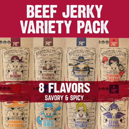 Righteous Felon Beef Jerky Variety Pack | Gluten Free Beef Jerky Snack Packs for Adults | High Protein, Keto-Friendly, Low Sugar | Made with Premium Meats | Gifts for Men | Sampler 8 Pack
