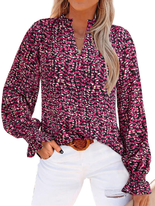 MASCOMODA Womens V Neck Floral Long Sleeve Tops 2024 Summer Casual Loose Puff Sleeve Chiffon Boho Work Blouse Dressy T Shirts(Floral Black Red,Small)