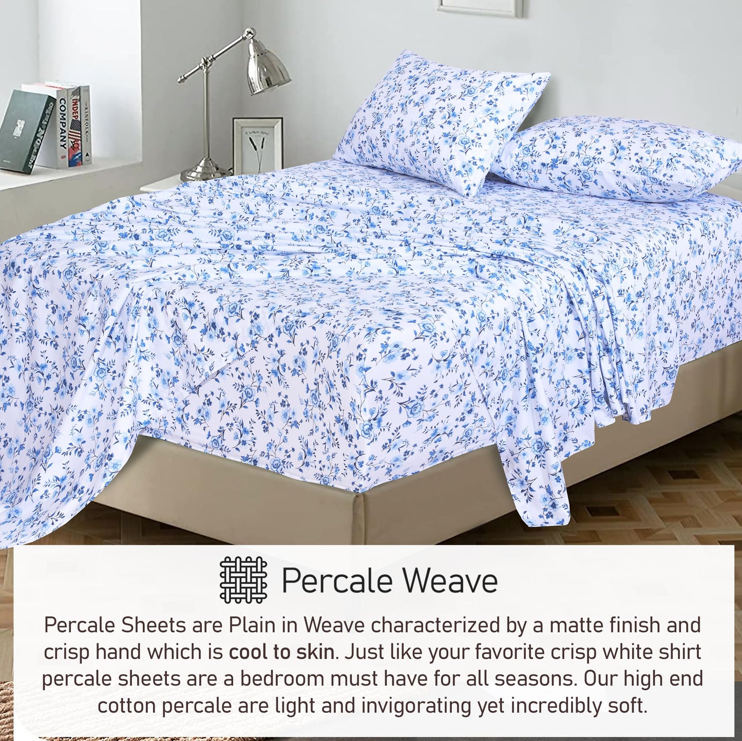 RUVANTI 100% Cotton Sheets – Queen Size Percale Bedding, Cooling & Breathable Floral Design, Durable with a Crisp, Soft & Comfortable Feel, 16" Deep Pocket, 4-Piece Set, Annual