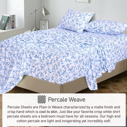 RUVANTI 100% Cotton Sheets – Queen Size Percale Bedding, Cooling & Breathable Floral Design, Durable with a Crisp, Soft & Comfortable Feel, 16" Deep Pocket, 4-Piece Set, Annual