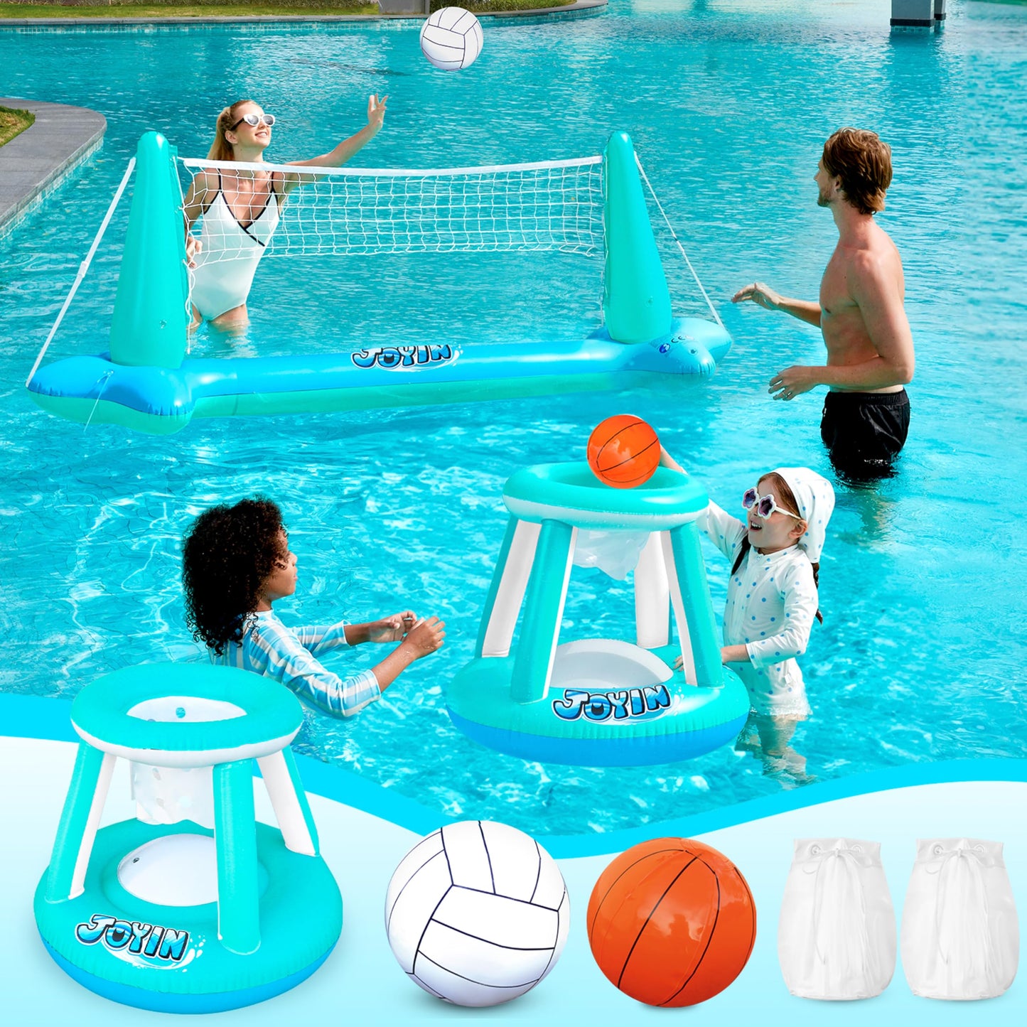 JOYIN Inflatable Pool Float Set Volleyball Net & Basketball Hoops, Floating Swimming Game Toy for Kids and Adults, Summer Floaties, Volleyball Court (105”x28”x35”)|Basketball (27”x23”x27”),L-Blue
