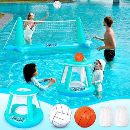 JOYIN Inflatable Pool Float Set Volleyball Net & Basketball Hoops, Floating Swimming Game Toy for Kids and Adults, Summer Floaties, Volleyball Court (105”x28”x35”)|Basketball (27”x23”x27”),L-Blue