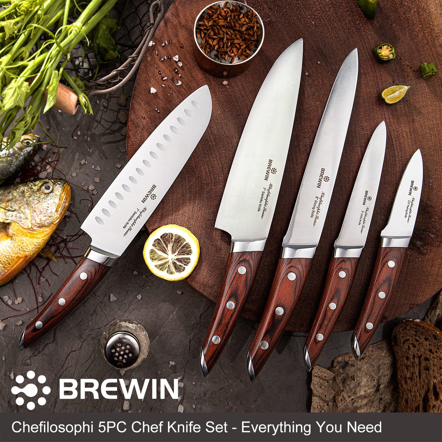 Brewin Chef's Knives, CHEFILOSOPHI Professional Chef Knife Set, Patented 5PCS Knife Set with Elegant Ergonomic Pakkawood Handle, Ultra Sharp Kitchen Knives, Japanese Chef Knife Set, Stainless Steel