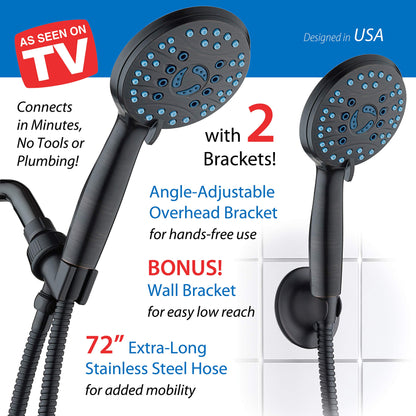 AquaCare High Pressure 8-mode Handheld Shower Head - Anti-clog Nozzles, Built-in Power Wash to Clean Tub, Tile & Pets, Extra Long 6 ft. Stainless Steel Hose, Wall & Overhead Brackets - 1.8 GPM