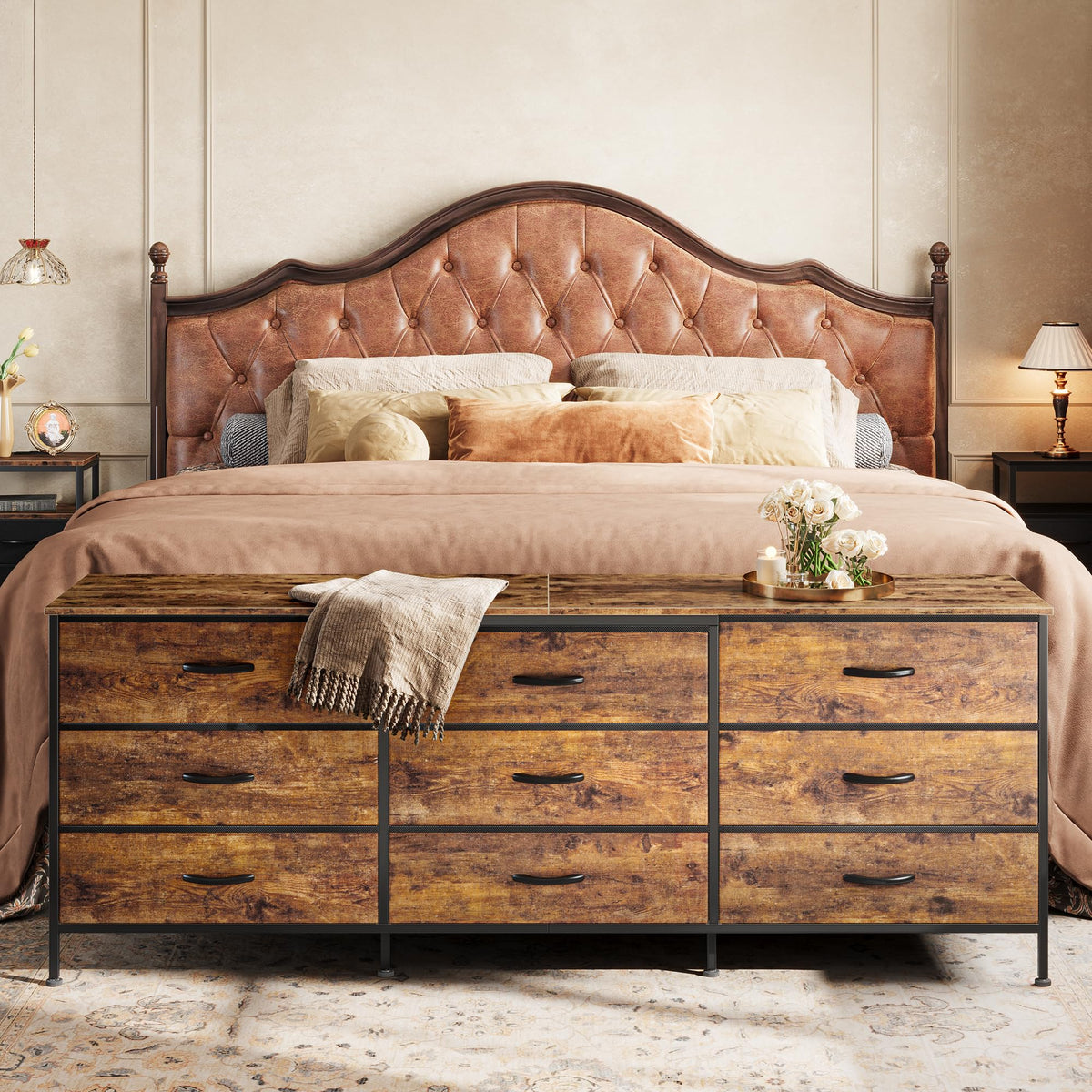 Huuger 63 Inch Dresser for Bedroom, Dresser for Closet with 9 Drawers, Large TV Stand for 55, 65, 70 Inch TV, Entertainment Center with Storage, Wide Long Chest of Drawers, Rustic Brown