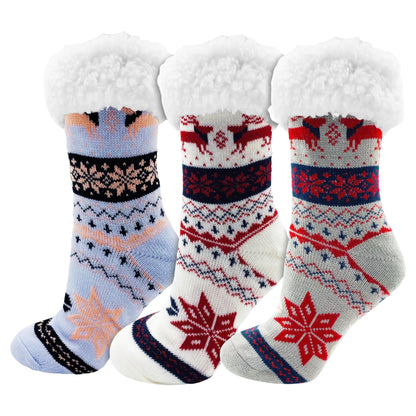 Fluffy Thermal Sherpa Socks, 3 Pairs for Women, Ultra Soft Slipper Christmas Winter Non Skid (Fair Isle D)