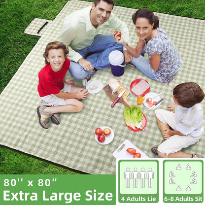 ZAZE Extra Large Picnic Outdoor Blanket, 80''x80'' Waterproof Foldable Blankets Gingham Picnic Mat for Beach, Camping Grass Lawn Park Accessories Cute Couple Ideas Wedding Registry(Green White)