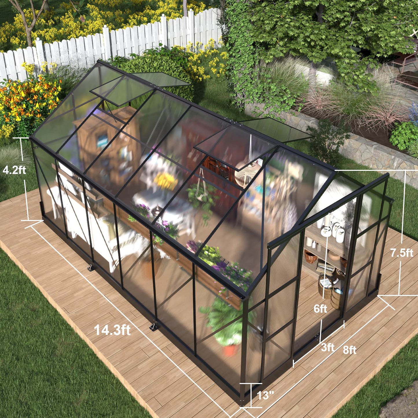 VanAcc 8x14x7.5 FT Polycarbonate Greenhouse 2 Sliding Doors 4 Vent Window Walk-in Premium Greenhouse Storage Shed Outdoor Aluminum Large Hot House for Sunroom Garden Backyard Matte Black