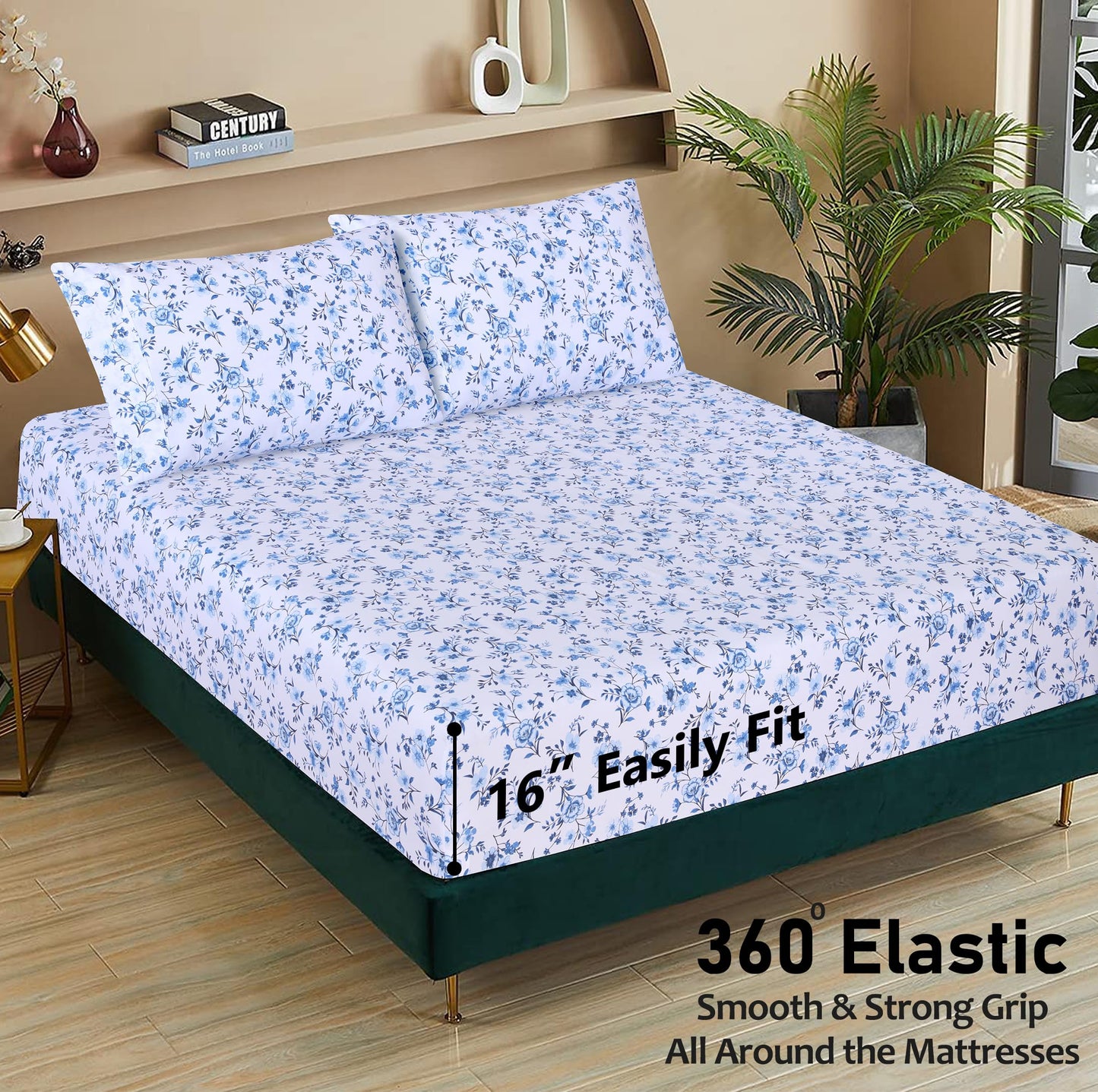 RUVANTI 100% Cotton Sheets – Queen Size Percale Bedding, Cooling & Breathable Floral Design, Durable with a Crisp, Soft & Comfortable Feel, 16" Deep Pocket, 4-Piece Set, Annual