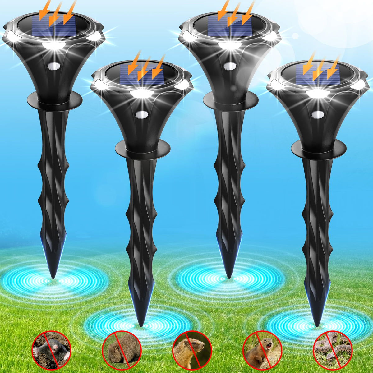 Solar Mole Repellent Ultrasound, Gopher Repeller with LED Night Light, Vole Repeller Outdoor Waterproof, Snake Chipmunk Sonic Spike Stakes in Yard, Lawn, Garden, 4 Pack, Black