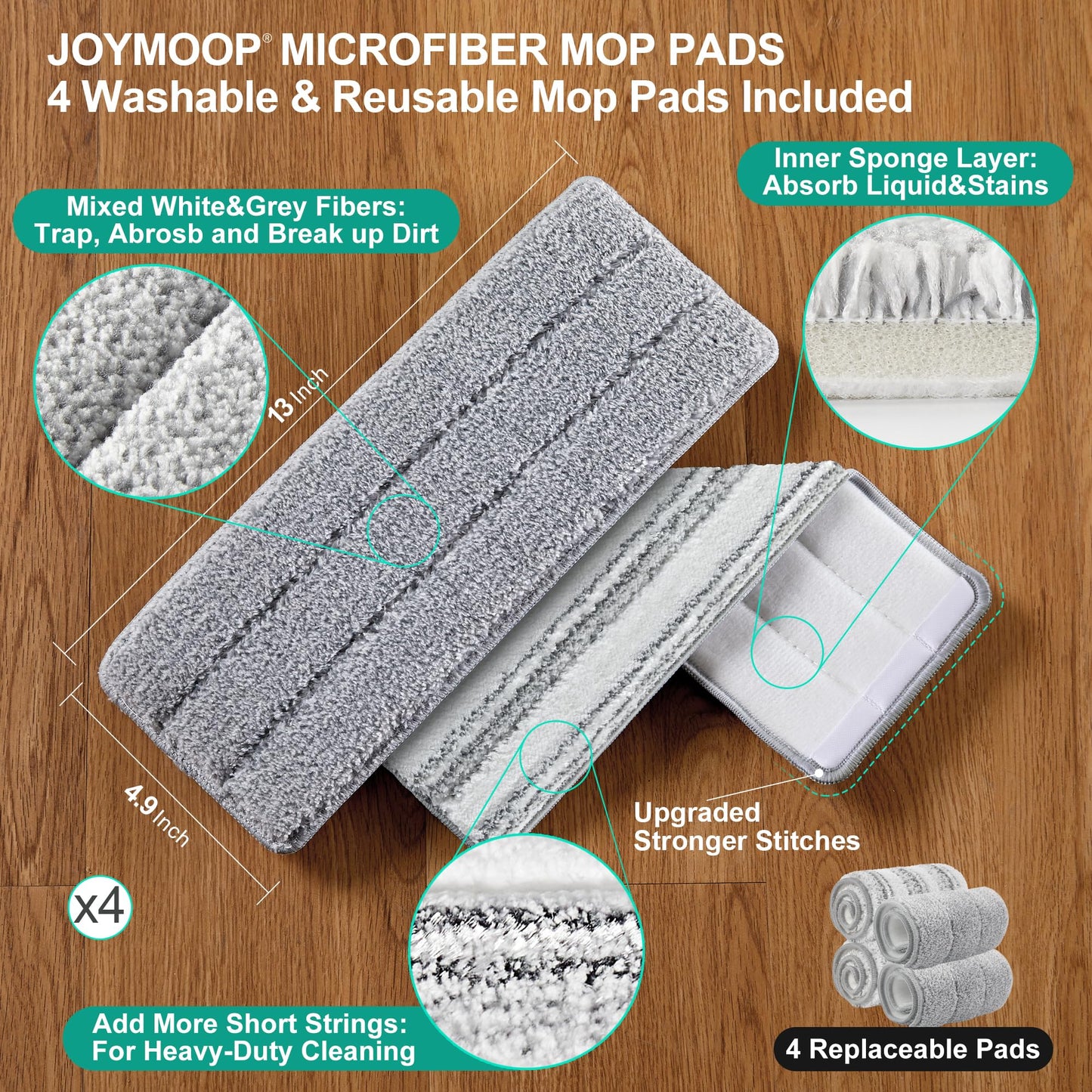 JOYMOOP Mop and Bucket Set with Wringer, Flat Mops for Floor Cleaning, Wall Mop Cleaner with Long Handle, Hardwood Floor Mop with 4 Microfiber Pads