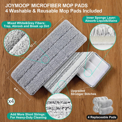 JOYMOOP Mop and Bucket Set with Wringer, Flat Mops for Floor Cleaning, Wall Mop Cleaner with Long Handle, Hardwood Floor Mop with 4 Microfiber Pads
