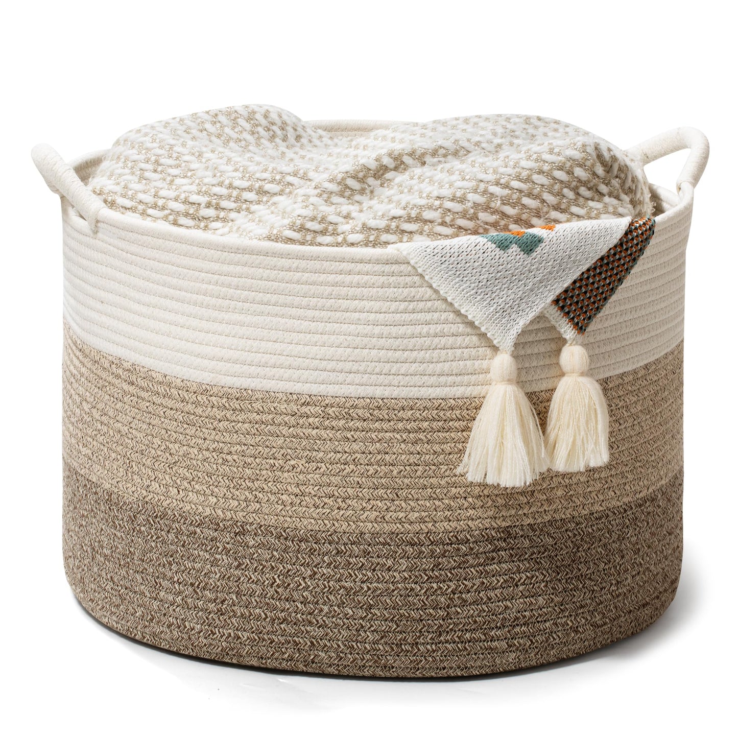 Large Woven Cotton Rope Storage Basket with Handles - Modern Round Laundry Hamper & Blanket Organizer for Nursery, Bedroom, Baby Toys, Pillows, Home Décor, 20"x13"
