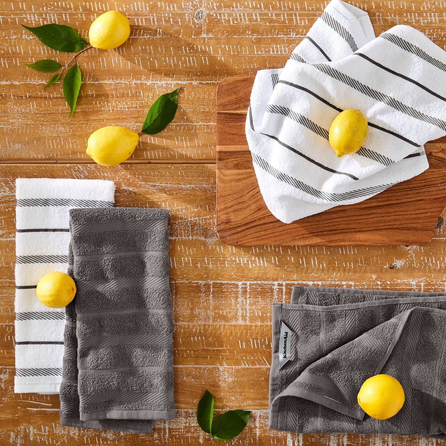 KitchenAid Albany Kitchen Towel 4-Pack Set, Charcoal Grey/White, 16"x26"