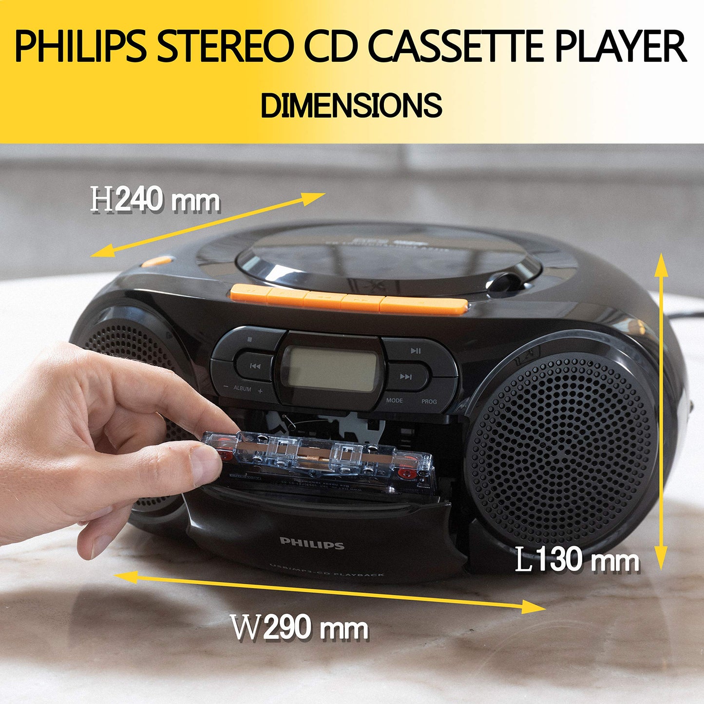 Philips Portable CD Player Boombox - Portable MP3 Player and Cassette Tape Player, Boom Box Compact Stereo Sound System with Dynamic Bass Boost, Take Your Music Outside with USB HiFi Music Player