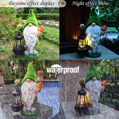 Qobumy Gnomes Solar Garden Statues,Resin Gnome Figurine Decorations Holding Mushroom and Solar Lights Lantern, Outdoor Figurines Lawn Garden Statue Decor Art for Lawn,Yard, Balcony Ornament.