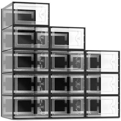 SEE SPRING 12 Pack Shoe Storage Box, Clear Plastic Stackable Shoe Organizer for Closet, Space Saving Shoe Rack for Entryway Sneaker Container Bin Holder (Black)