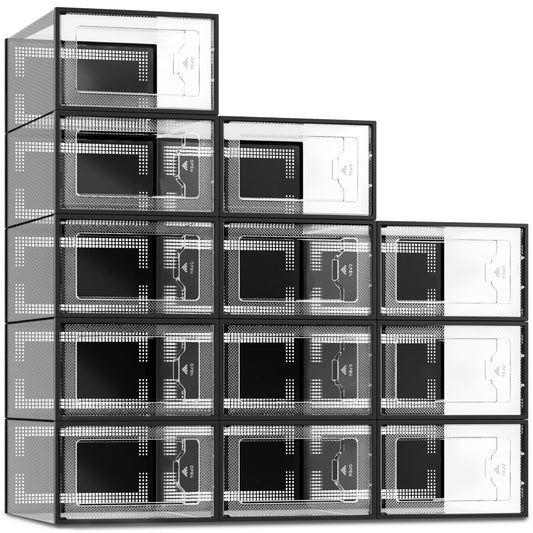 SEE SPRING 12 Pack Shoe Storage Box, Clear Plastic Stackable Shoe Organizer for Closet, Space Saving Shoe Rack for Entryway Sneaker Container Bin Holder (Black)