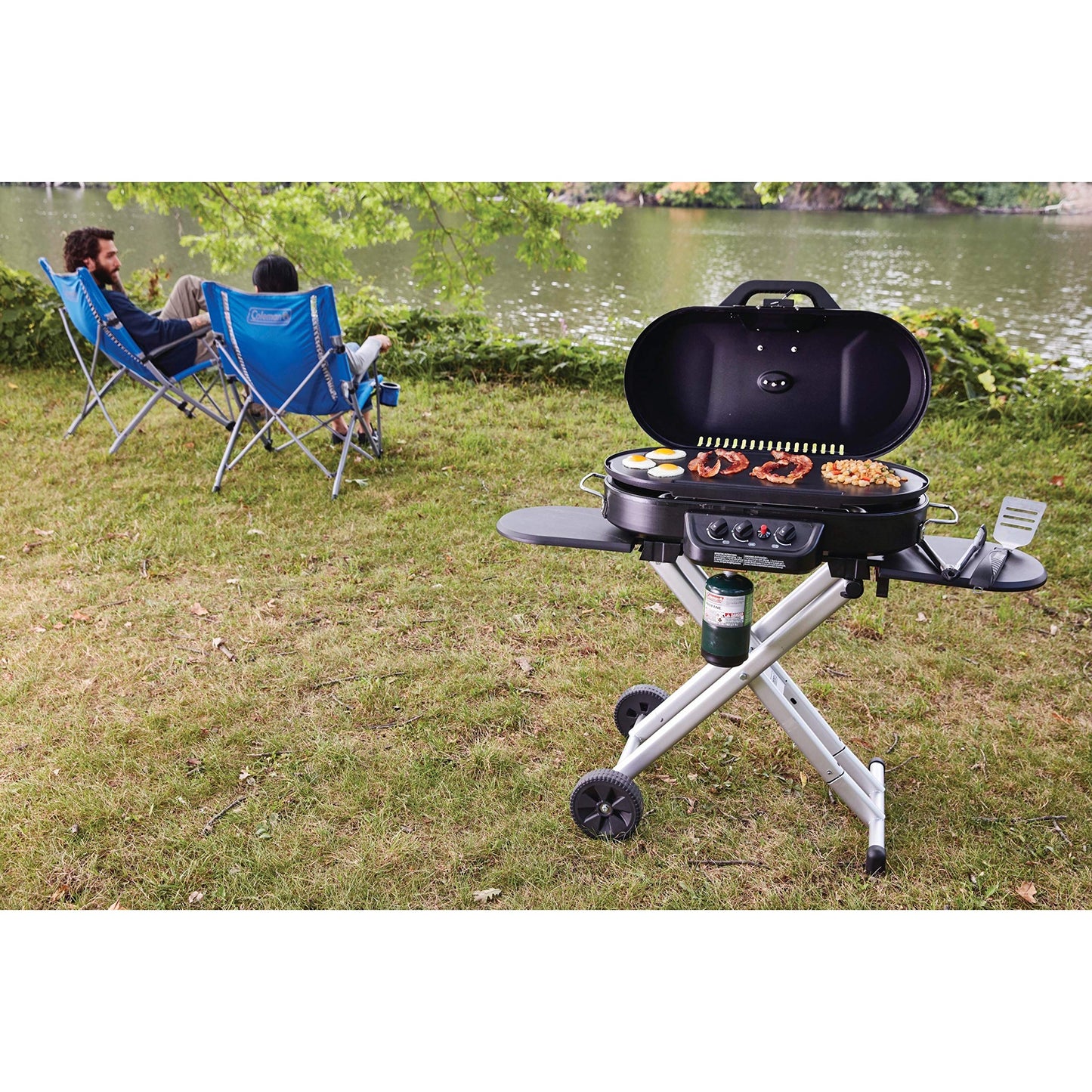 Coleman RoadTrip 285 Portable Stand-Up Propane Grill with 3 Adjustable Burners & Instastart Ignition, 20,000 BTUs of Power for Outdoor Cooking, Camping, Tailgating, Grilling, BBQs, & More