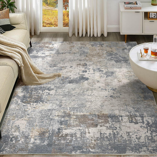 UERMEI 9x12 Area Rug Living Room Rugs - Washable Neutral Modern Abstract Soft Thin Large Rug Indoor Floor No Slip Rug Carpet for Bedroom Under Dining Table Home Office Decor - Blue Grey