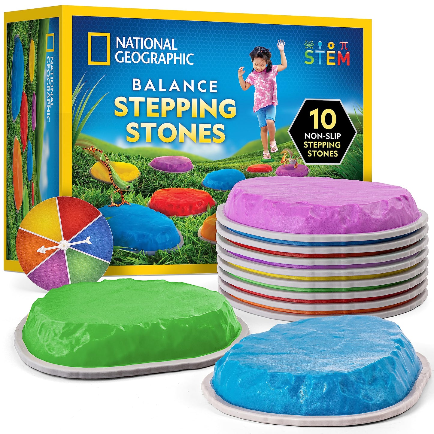 NATIONAL GEOGRAPHIC Stepping Stones for Kids – 10 Durable Non-Slip Stones Encourage Toddler Balance & Gross Motor Skills, Indoor & Outdoor Toys, Balance Stones, Obstacle Course (Amazon Exclusive)