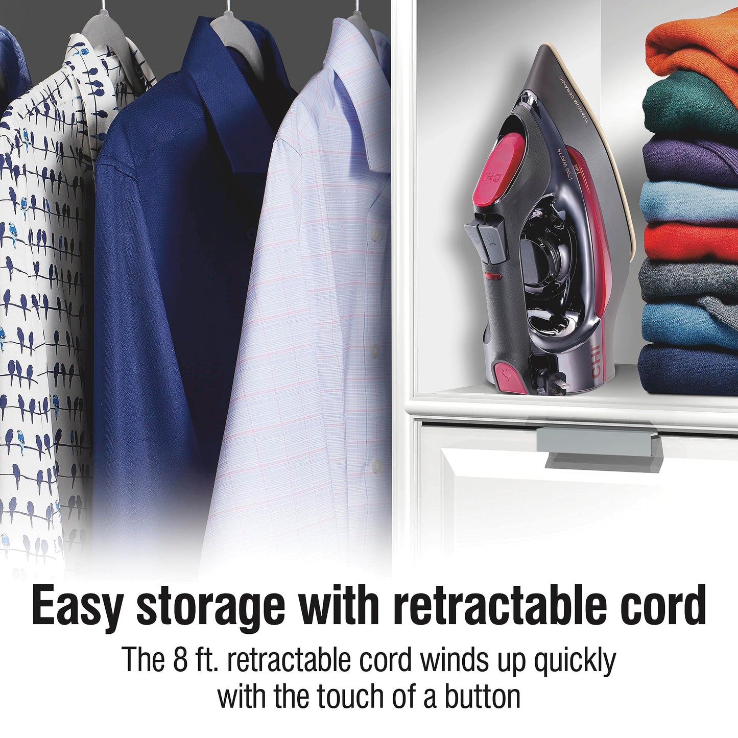 CHI Steam Iron for Clothes with 8’ Retractable Cord, 1700 Watts, 3-Way Auto Shutoff, 400+ Holes, Professional Grade, Temperature Control Dial, Titanium Infused Ceramic Soleplate, Black/Chrome (13109)