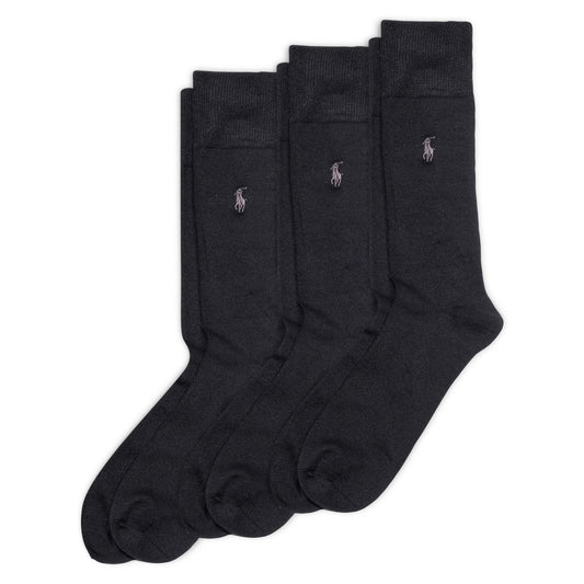 POLO RALPH LAUREN Mens Dress Crew Socks - 3 Pair Pack Heel-toe Reinforcement Supersoft Flat, Black, 12-17 US
