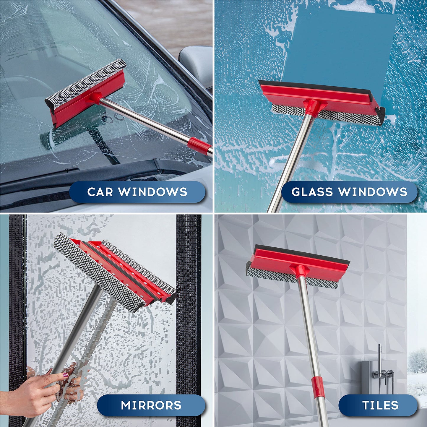 DSV Standard Window Squeegee, 2-in-1 Window Cleaner with 55" Extension Poles, Window Washing Kit, Glass Door Cleaner, Multi-Use Car Windshield Cleaning Tool with Long Handle for High Outdoor Windows