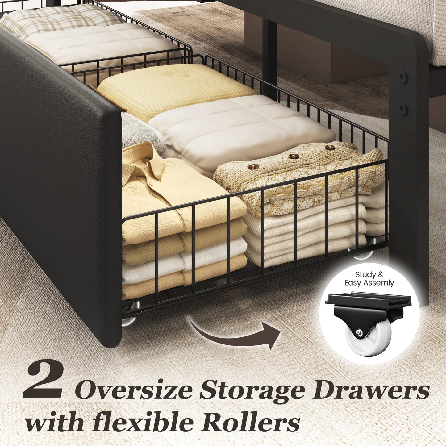 Fluest Queen Bed Frame with 2 Storage Drawers, Upholstered Headboard Button Tufted Bed Frame with Charging Station, No Box Spring Needed, Noise-Free, All Metal Structure, Black