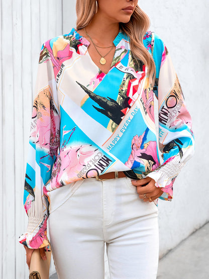 MASCOMODA Womens V Neck Floral Long Sleeve Tops 2024 Summer Casual Loose Puff Sleeve Chiffon Boho Work Blouse Dressy T Shirts(Graphic Print,Small)