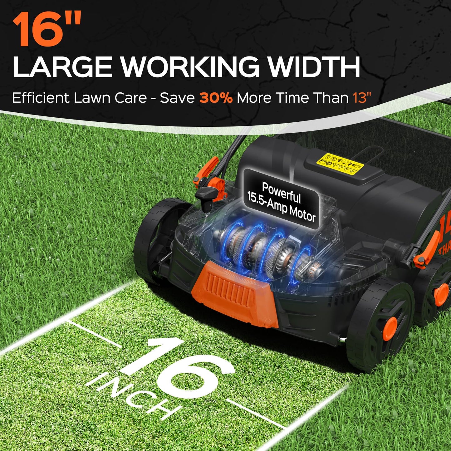 TIECTOWN 16-Inch 15.5 Amp 2-in-1 Electric Dethatcher and Scarifier with 14.5-Gallon Removable Thatch Collection Bag, Lawn Dethatcher with 5-Position Adjustment, Quick-Fold, Keeps Lawn Healthy - Orange
