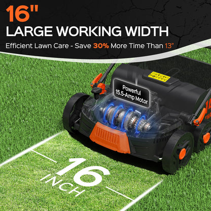 TIECTOWN 16-Inch 15.5 Amp 2-in-1 Electric Dethatcher and Scarifier with 14.5-Gallon Removable Thatch Collection Bag, Lawn Dethatcher with 5-Position Adjustment, Quick-Fold, Keeps Lawn Healthy - Orange