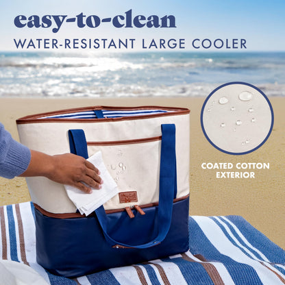 Fit & Fresh Narragansett 2-in-1 Tote with Cooler Compartment, Removable Accessory Pouch, Insulated Beach Bag, Leakproof, Water Resistant, Pool Essential, Holds 16 Cans, Navy