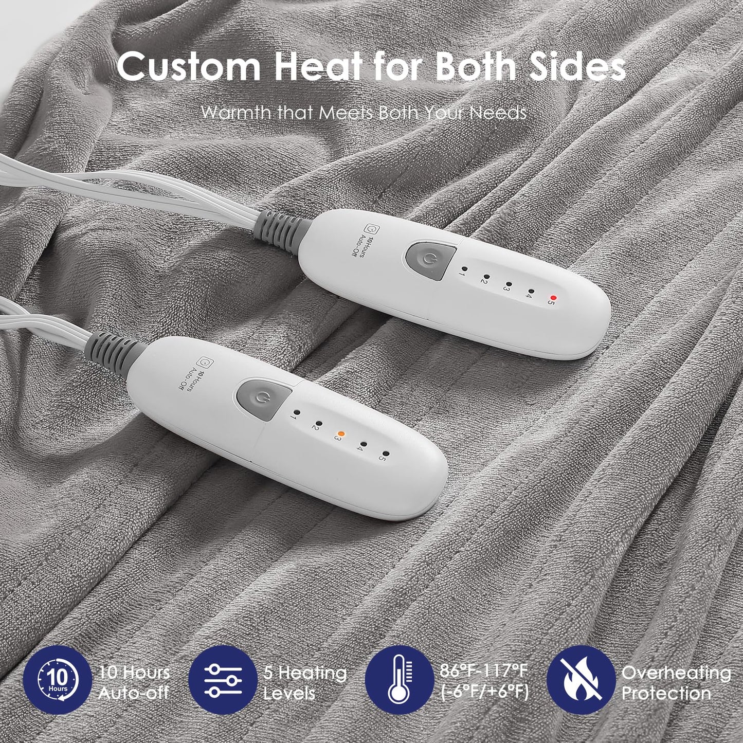 Heated Blanket Queen Size Electric Blanket 84''X90'' - Soft Plush Premium Flannel with Dual Controllers, 5 Heating Level & 10 Hour Auto Off, ETL & FCC Certified, Warm Gifts for Grandma, Grey