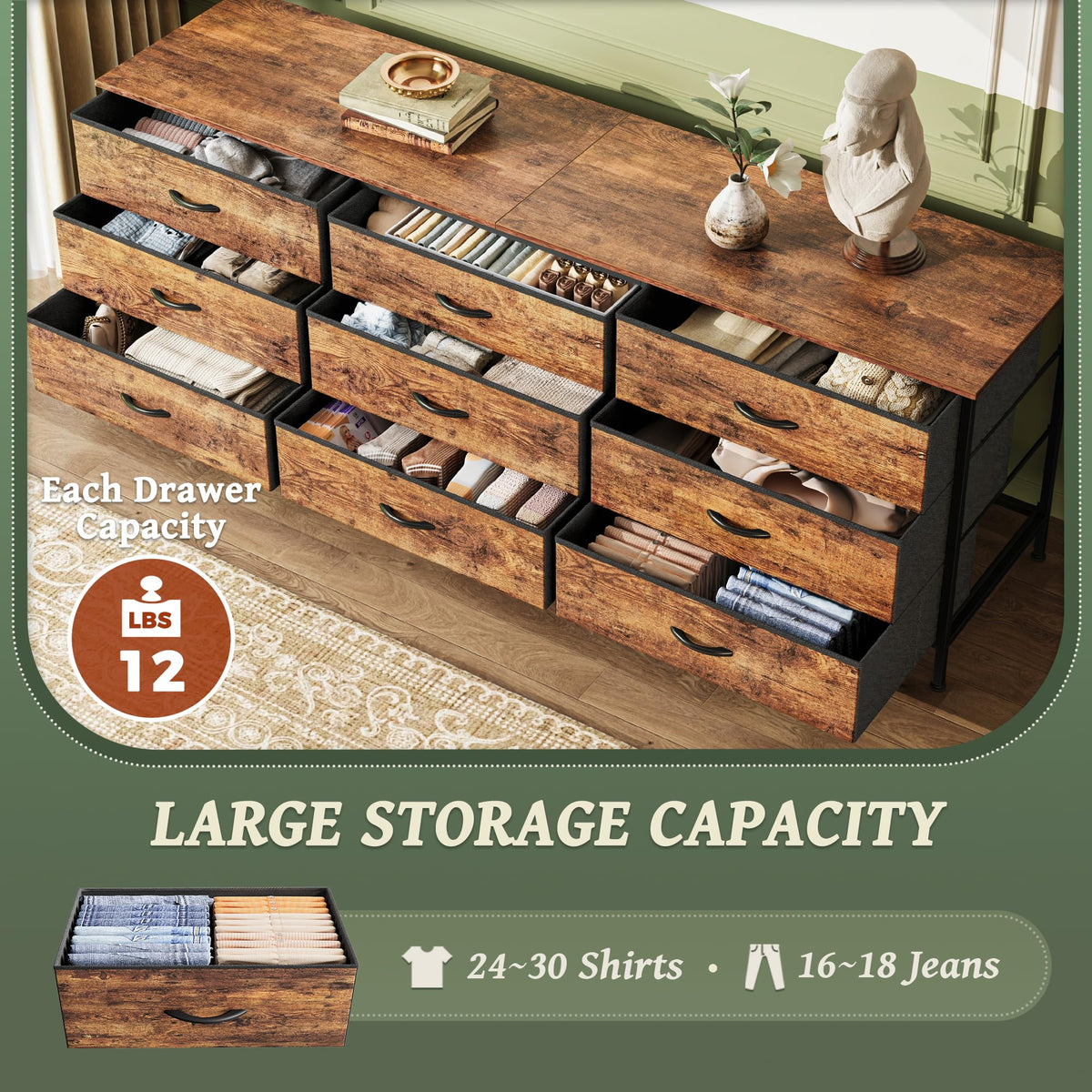 Huuger 63 Inch Dresser for Bedroom, Dresser for Closet with 9 Drawers, Large TV Stand for 55, 65, 70 Inch TV, Entertainment Center with Storage, Wide Long Chest of Drawers, Rustic Brown