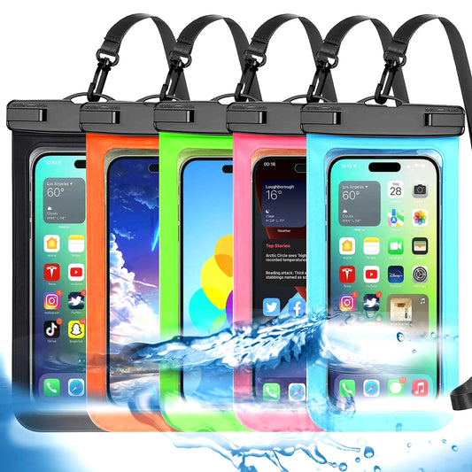Famoby Up to 8.3" 5 Pack Multicolor Universal Waterproof Phone Pouch, Phone Waterproof Case Dry Bag,Protection Level: IP68,Outdoor Sports for Apple iPhone,Samsung,and More,Black,Blue,Pink,Orange,Green