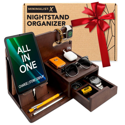 EcoLeafy Dot Nightstand Organizer- Bedside Docking Station for Men- Unique Gifts for Husband, Father or Dad from Wife, Son or Daughter- Desk Organizer for Phone, Watches, Wallet & Accessories (Brown)