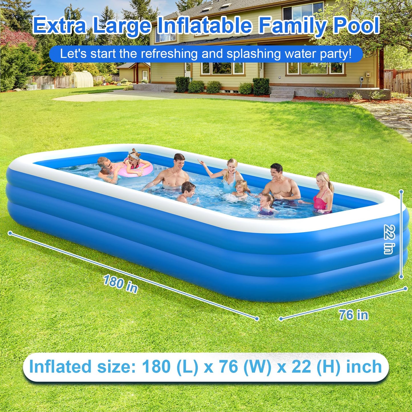 Extra Large Inflatable Pool with Pump - 180'' x 76'' x 22'' Oversized Thickened Blow Up Pool for Adults, Family Swimming Pool for Backyard, Garden and Outdoor Fun
