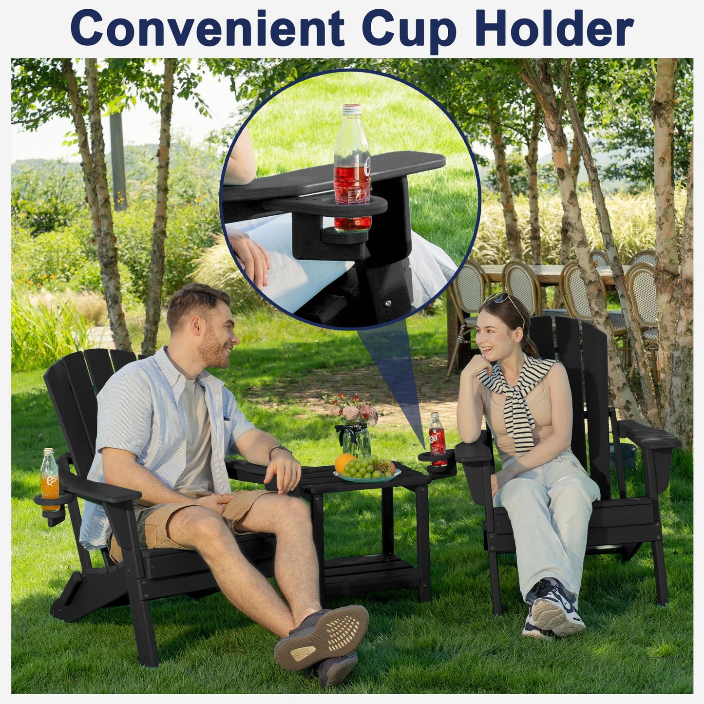 Plawdlik Folding Adirondack Chair Set of 4, Cup Holder，Wooden Textured ，Heavy All-Weather HDPE Comfortable Set Poolside Backyard Lawn Black
