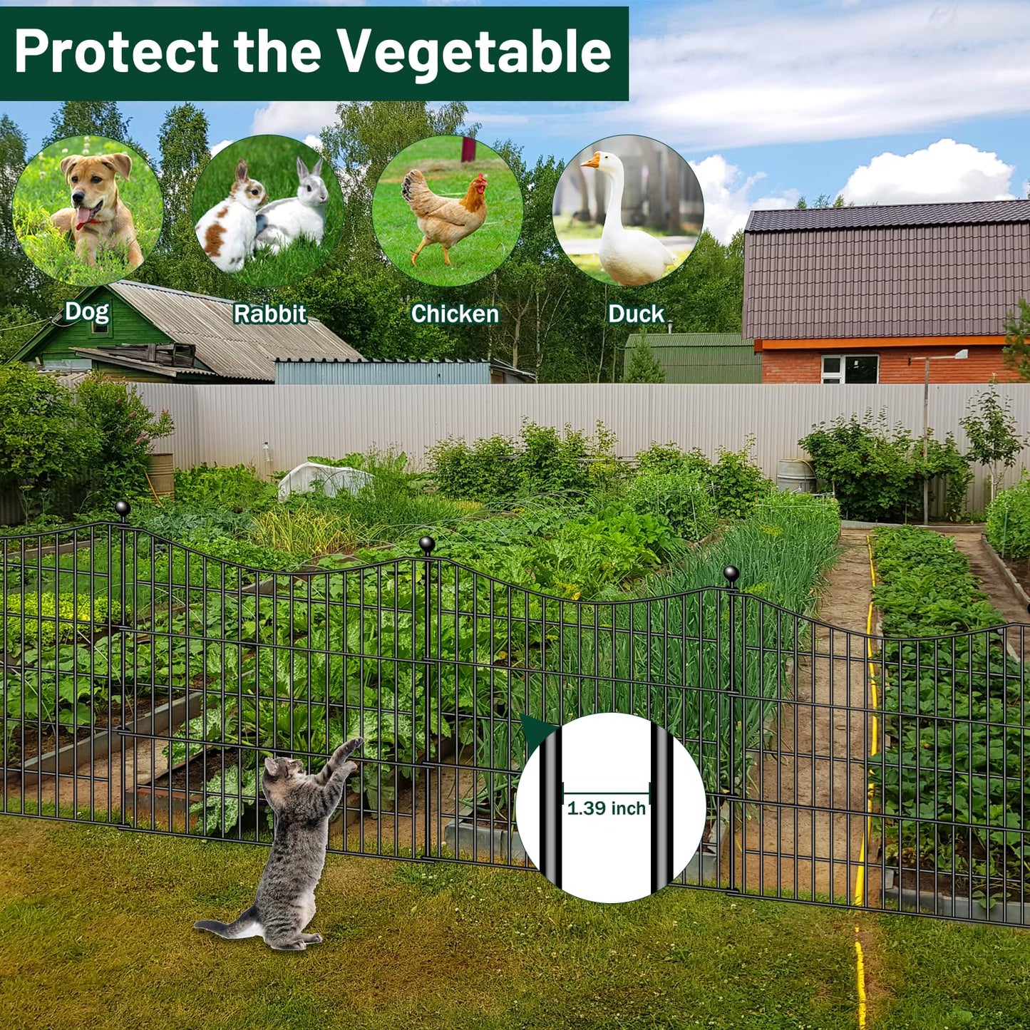 10 Panels Decorative Garden Fence with Gate, 40 in(H) X 23.6 ft(L) No Dig Dog Fence Animal Barrier Outdoor for Yard, Rustproof Metal Garden Edging and Borders, Temporary Fencing Stakes