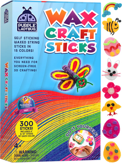 PURPLE LADYBUG Bendable Wax Craft Sticks for Kids - Christmas Stocking Stuffers, Camping Essentials, Road Trip Activities, Travel Toys for Toddlers in Car, Airplane & Restaurant - 15 Colors, 300 Pcs