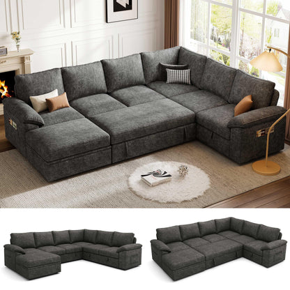 SUAWY 108 Inch Sectional Sleeper Sofa with Pull Out Bed, U Shaped 7 Seat Modular Sectional Sofa with Storage, Sectional Couches for Living Room, Cloud Modular Couch,Removable Sofa Cover, Dark Grey