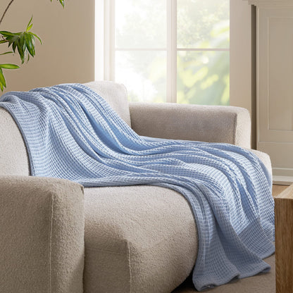 Bedsure 100% Cotton Blankets Twin XL Size for Bed - Waffle Weave Blankets for Summer, Lightweight and Breathable Soft Woven Blankets for Spring, Blue, 66x90 inches