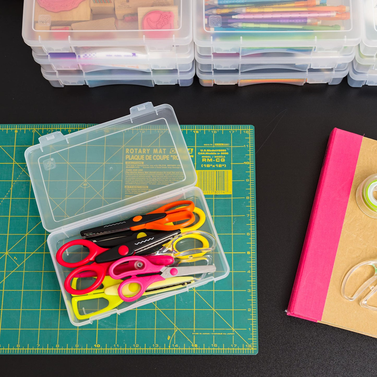 IRIS USA Pencil Case Box Storage Container for Organizing with Snap Lid, 10-Pack, Big Capacity Stackable Plastic Pen Pouch for Craft Hobby Art Supplies Journaling Stationery Sticker, Clear, Medium