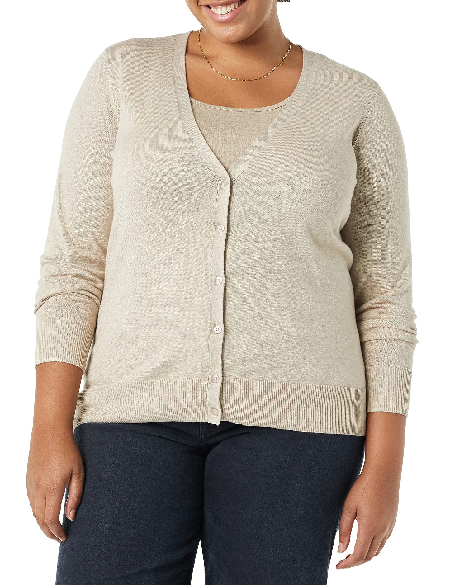 Amazon Essentials Women's Lightweight V-Neck Cardigan Sweater (Available in Plus Size), Light Oatmeal, Large
