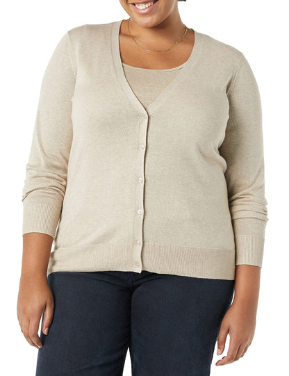 Amazon Essentials Women's Lightweight V-Neck Cardigan Sweater (Available in Plus Size), Light Oatmeal, Large