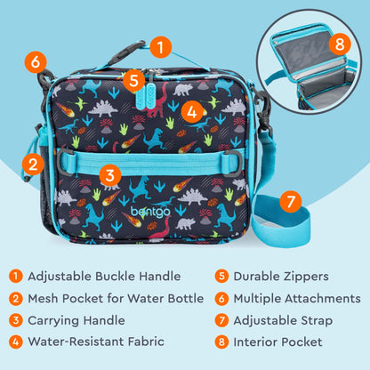 Bentgo Kids Lunch Bag - Double-Insulated, Reusable Lunch Bag for Kids 3+ with Adjustable Strap; Holds Lunch Box/Water Bottle/Snacks; Easy-Clean, Water-Resistant & Pockets (Dinosaur)