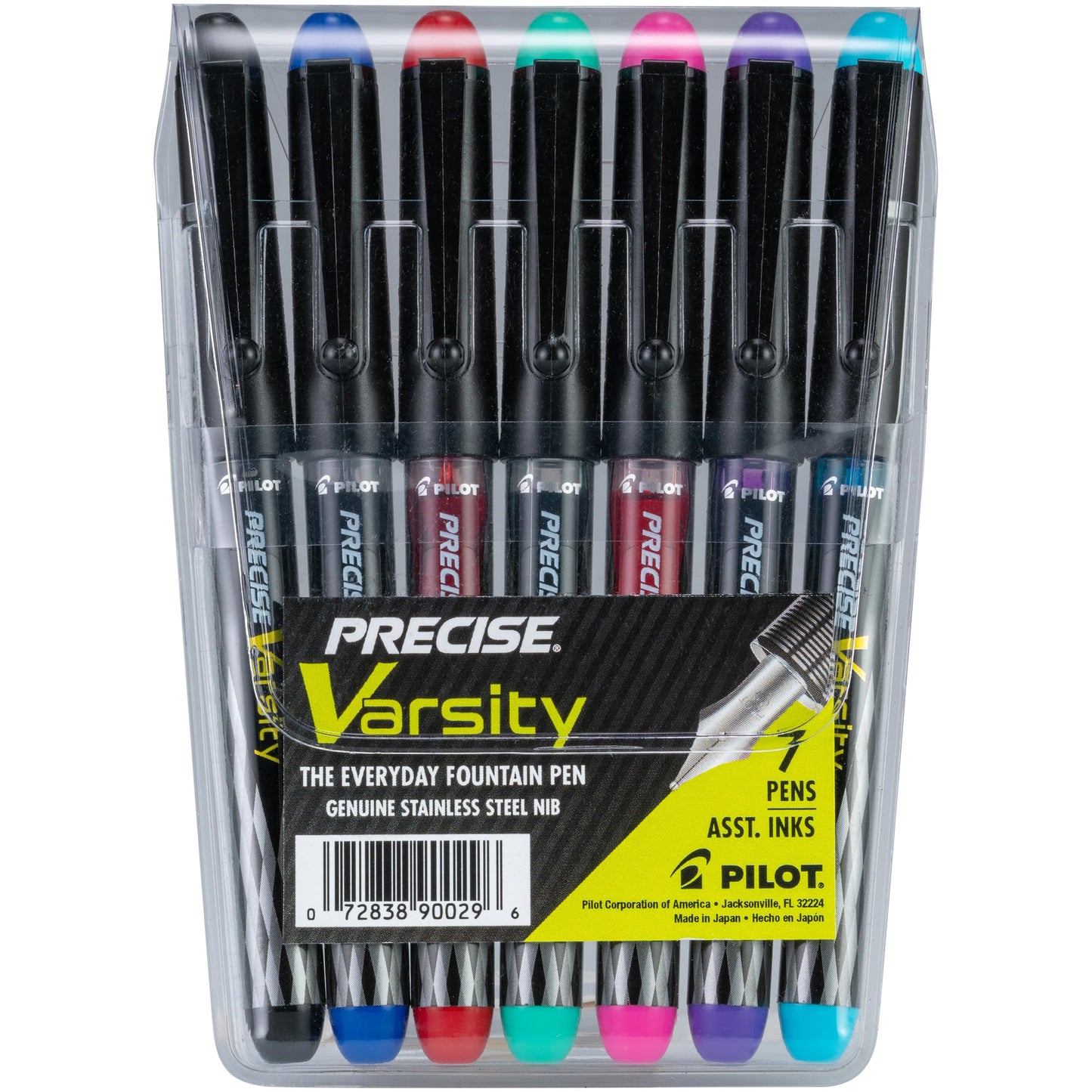 PILOT Pen 90029 Precise Varsity Pre-Filled Fountain Pens, Medium Point Stainless Steel Nib, Black/Blue/Red/Pink/Green/Purple/Turquoise, 7-Pack Pouch